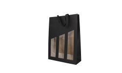 Poches/Sacs 3 bouteilles papier couché noir avec fenêtre, poignée tissu/Lot de 10 Sacs