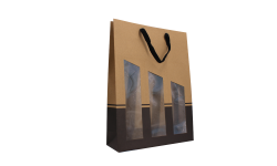 Poches/Sacs 3 bouteilles papier kraft bicolore écru et noir avec fenêtre, poignée tissu/Lot 10 Sacs